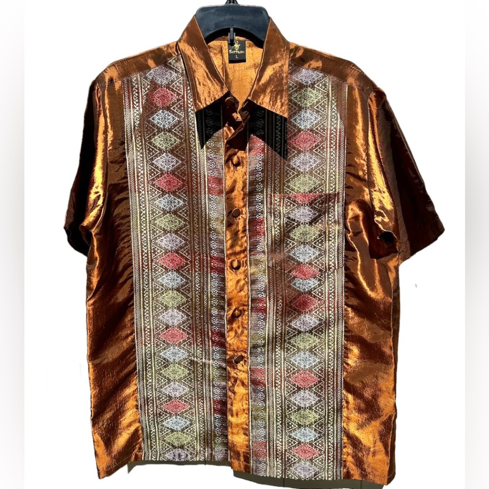 SERRANO Metallic Copper Embroidery Short Sleeve Shirt Size L EUC
